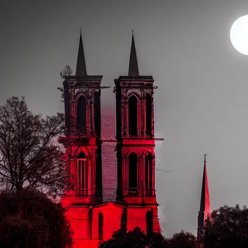 Prompt: a giant blood red full moon over a old cathedral. misty. volumetric light. moody