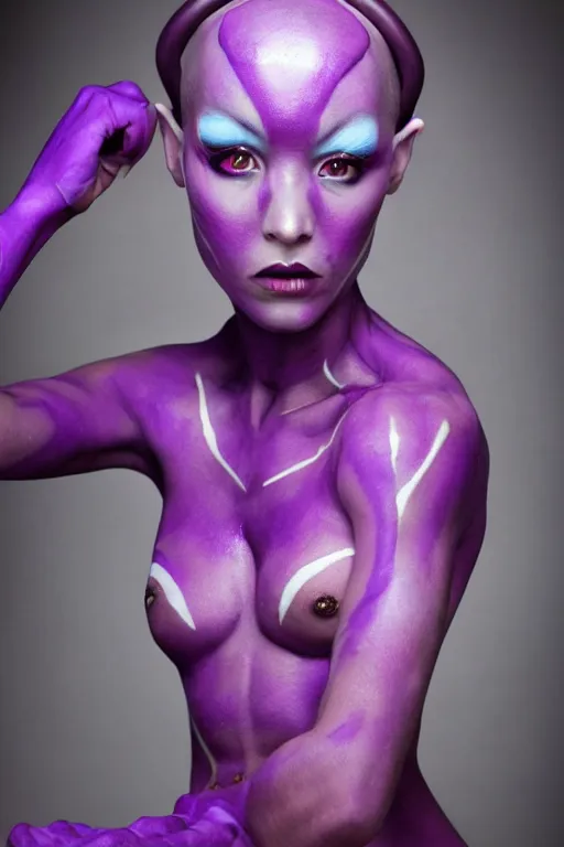 Image similar to purple - skinned alien girl, cosplay, photo shoot, body paint, beautiful symmetric face, studio lighting