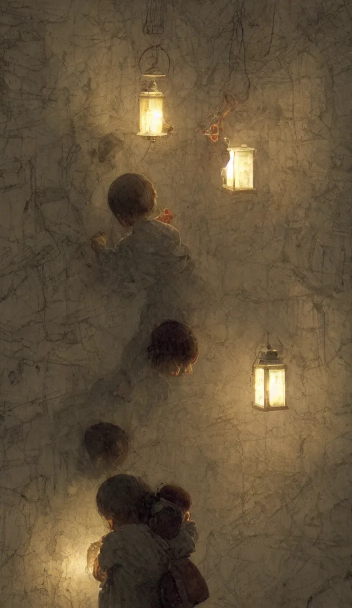 Prompt: a kid in a room full of ghost using his lantern to iluminate the walls, part by Norman Rockwell, part by Greg Rutkowski , part by Mattias Adolfsson, high angle, intricate, detailed, (((volumetric lighting))), oil on canvas