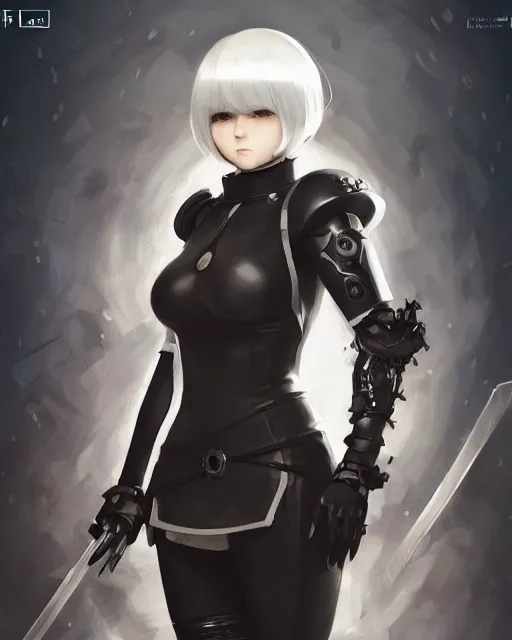 Image similar to full shot league of legends portrait of 2 b nier automata wearing a nazi uniform, au naturel, hyper detailed, digital art, trending in artstation, cinematic lighting, studio quality, smooth render, unreal engine 5 rendered, octane rendered, art style by klimt and nixeu and ian sprigger and wlop and krenz cushart.