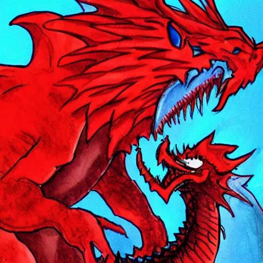 Prompt: angry red fantasy dragon devouring a small bluebird, manga style