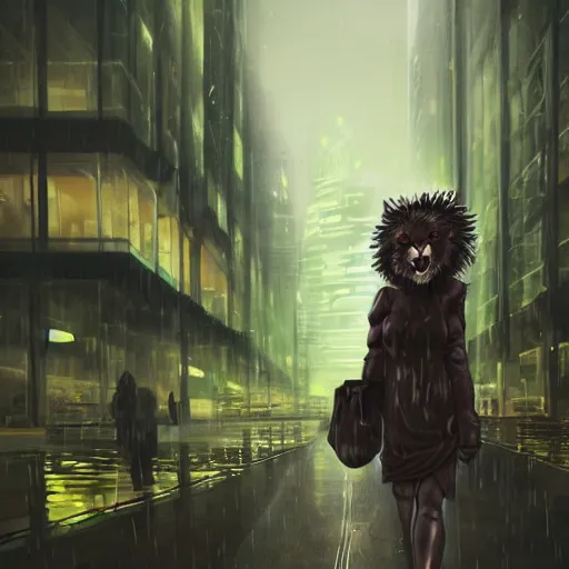 Image similar to beautiful commissioned artwork of an anthropomorphic lion woman walking through the seedy part of a futuristic city, rain, night, moody, urban, trending on furaffinity