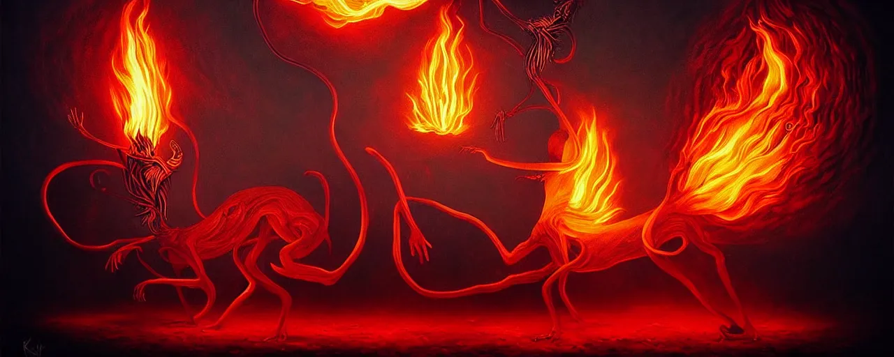 Image similar to whimsical fiery alchemical creatures, surreal dark uncanny painting by ronny khalil