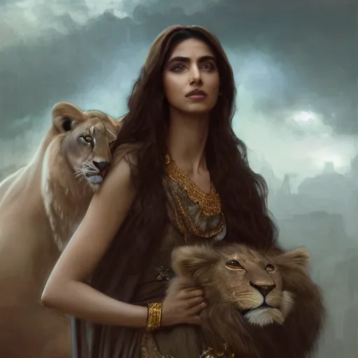 Image similar to a Photorealistic dramatic hyperrealistic render of an arab ameera al taweel, green tan skin, eyes, brown hair, white veil, with a pet lion by WLOP,Artgerm,Greg Rutkowski,Alphonse Mucha, Beautiful dynamic dramatic dark moody lighting,shadows,cinematic atmosphere,Artstation,concept design art,Octane render,8K