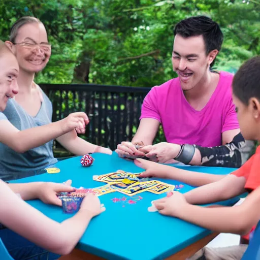 Prompt: sweaty nerds playing a children's card game