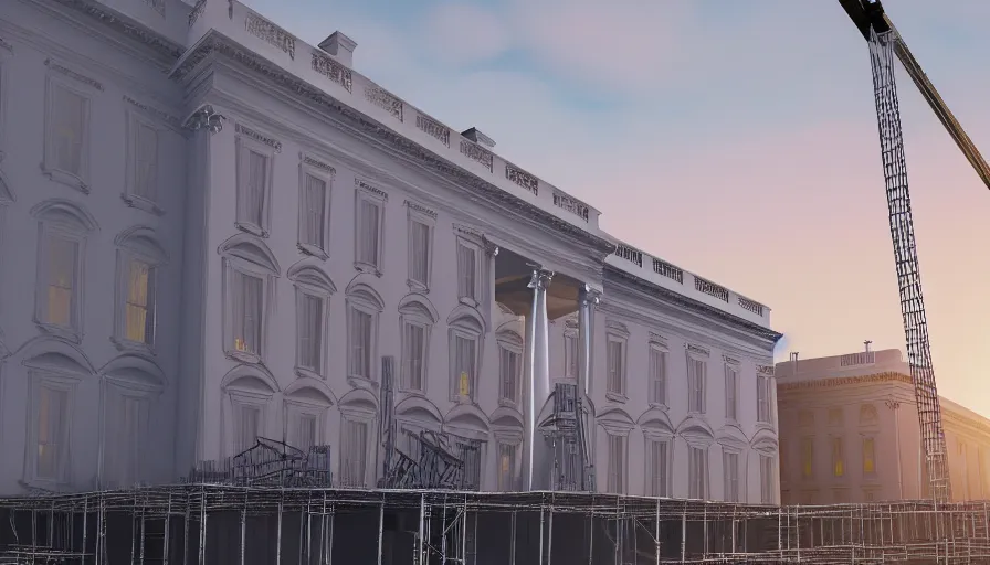 Image similar to people rebuilding white house in washington dc, scaffolding, sunset, volumetric light, hyperdetailed, artstation, cgsociety, 8 k