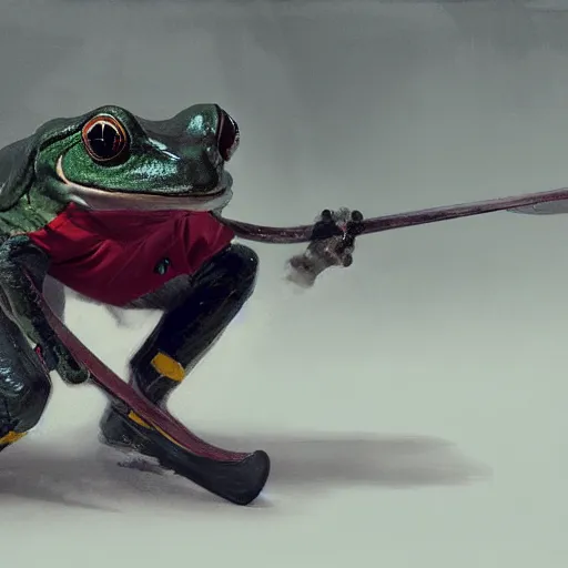 Image similar to frog wearing hockey uniform, intricate, sharp focus, illustration, highly detailed, digital painting, concept art, matte, art by ruan jia and wlop and greg rutkowski, masterpiece