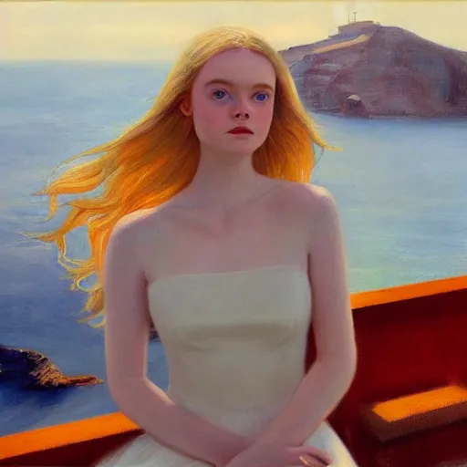 Image similar to Elle Fanning in Santorini at night, head and shoulders portrait, stormy weather, extremely detailed masterpiece, Roger Deakin’s cinematography, oil on canvas, Edward Hopper,