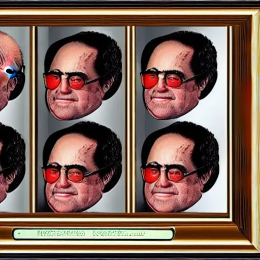 Image similar to variety pack of danny devito mugs , codex, rich colored ink, detailed, cinematic,