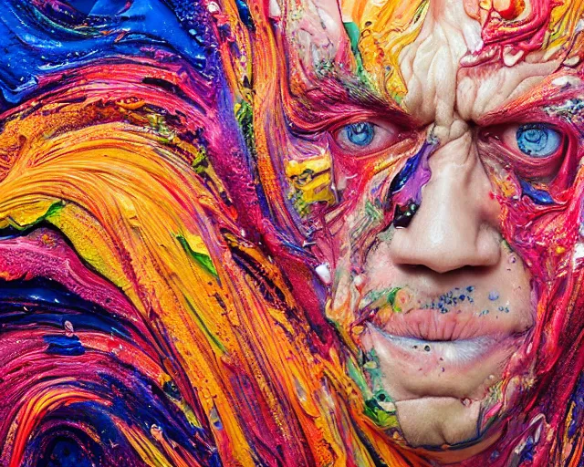 Image similar to still shot close up footage of the portrait of a human head explodes and disintegrates into acrylic pour and splashing paint, motion blur, hyperrealistic, medical, intricate art photography, anatomically correct, realistic crisp textures, 1 6 k