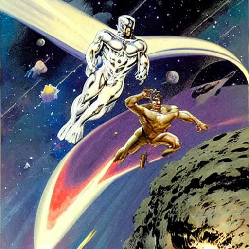 Prompt: Silver Surfer flying in his silver surfboard in space, by Frank Frazetta