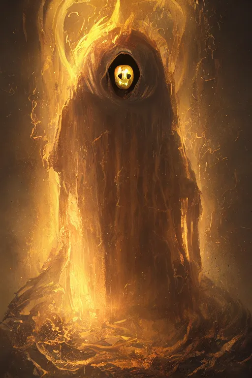 Image similar to A full body portrait of a mysterious character with no face with a very long hooded yellow cloak, a golden crown floating above his head tentacles coming out the ground art by Maciej Kuciara and Jason Chan, ominous, cosmic horror, trending on artstation, Ultra detailed, hyper realistic 4k