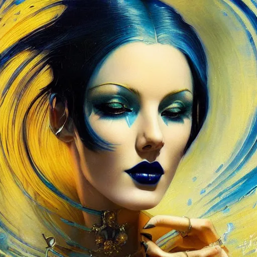 Image similar to a woman with blue and gold hair, an art deco painting by karol bak, featured on cgsociety, gothic art, poster art, art deco, tarot card