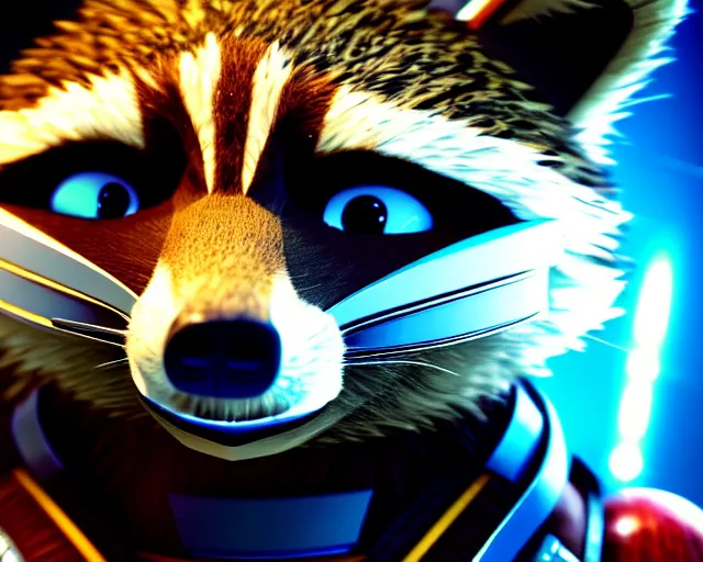 Prompt: closeup portrait, furry rocket the raccoon standing in the hallway of a space ship from guardians of the galaxy, wearing mass effect armor, holding a rocket launcher, soft volumetric lighting, cinematic, confident action pose, octane, 8 k, photorealism!!