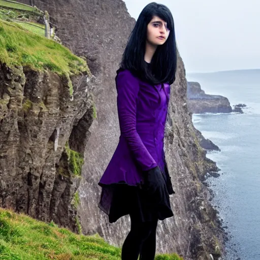 Image similar to 1 7 - year - old pale - skinned persian girl with black long bob cut, black gothic jacket, purple eyes, psychic girl, standing on cliff along the irish coast, overcast gray skies