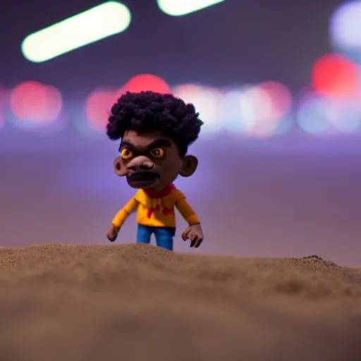 Image similar to a cinematic film still of a claymation stop motion film starring chance the rapper as a college student, shallow depth of field, 8 0 mm, f 1. 8