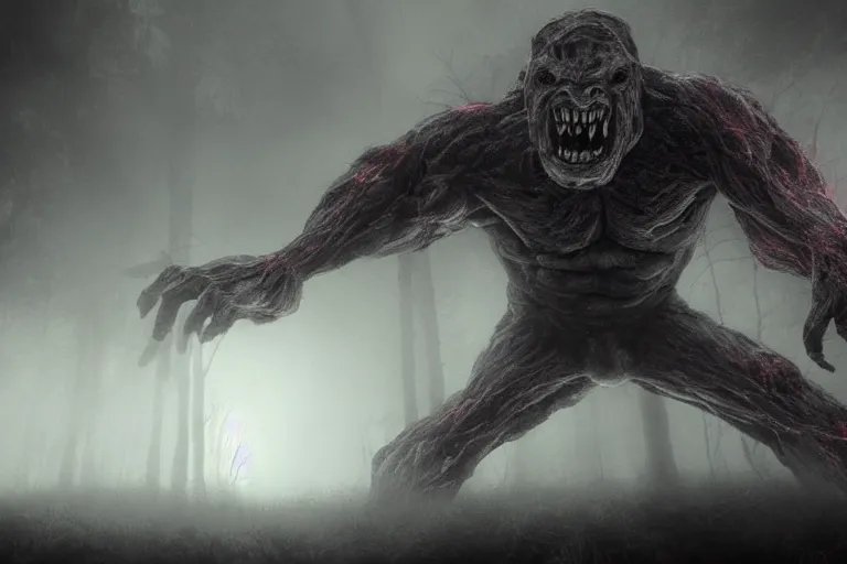 Image similar to a giant monster made of flesh and muscles, very angry, misty, foggy, ambient light, terror, glows, realistic, photo-realism, hyper realism, picture,