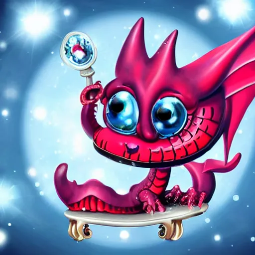 Image similar to Adorable sparkling, shiny crimson baby dragon with cute crystal clear blue eyes wearing a black top hat and a monocle