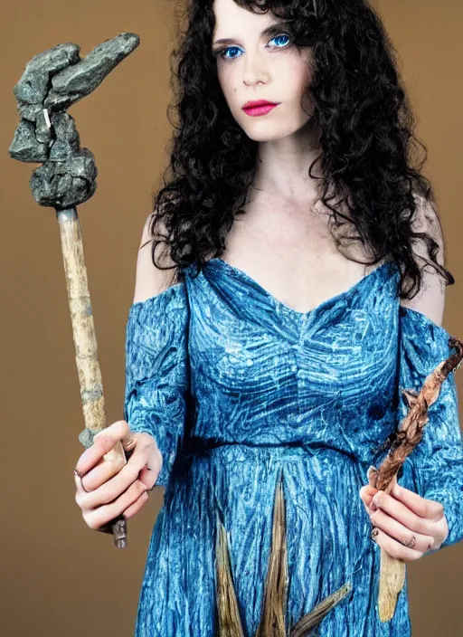 Image similar to a beautiful witch with long curly dark hair, large blue eyes holding a wand with a very large magical gemstone at the top radiating energy