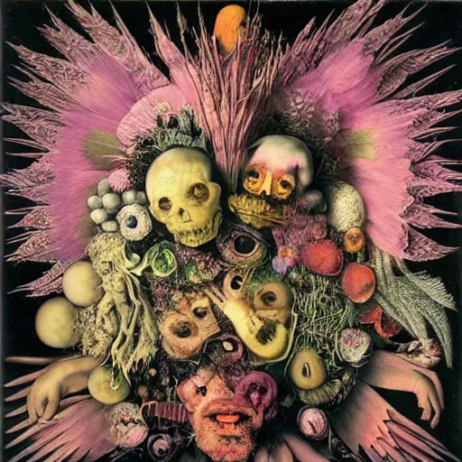 Prompt: album cover, new age, black, white, pink, psychedelic, space, giuseppe arcimboldo