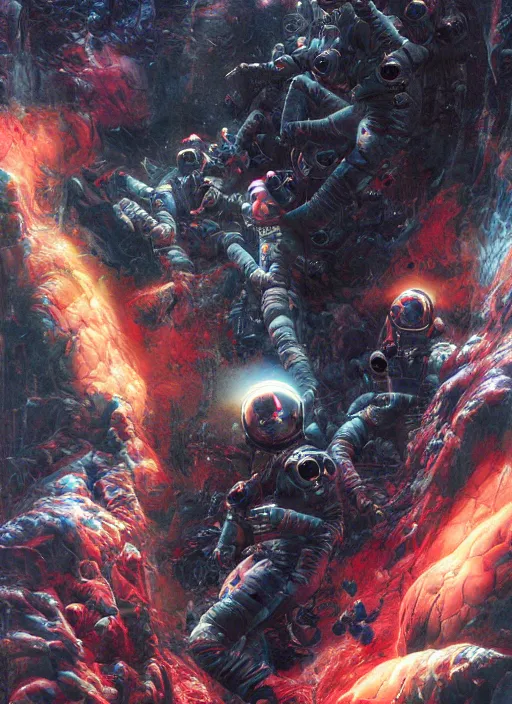 Image similar to astronauts in dark void underwater - complex and hyperdetailed technical suit. reflection and dispersion materials. rays and dispersion of light. volumetric light. f / 3 2. noise film photo. flash photography. ultra realistic, wide angle. poster by wayne barlowe, hajime sorayama aaron horkey, craig mullins