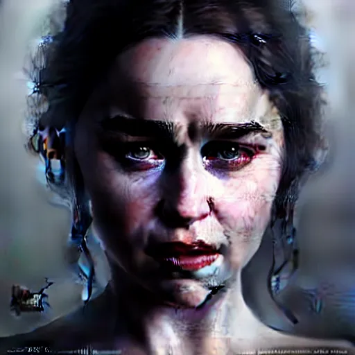 Prompt: emilia clarke dark film nior, character headshot portrait, sharp, digital matte painting, art by luis royo, greg rutkowski, wlop, dramatic lighting, trending on artstation