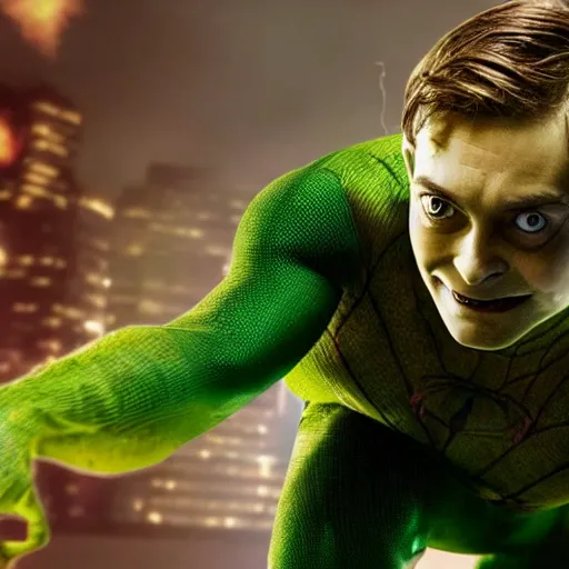 Image similar to Tobey Maguire as the Green Goblin, fighting Daniel Radcliffe as Spider-Man, 2023 movie preview, screenshot, promotional still, Ultra HD, 8k, realistic