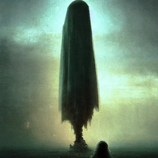 Prompt: a giant talking to miniscule human, by greg rutkowski + beksinski, atmospheric, cinematic, dramatic colors, horror