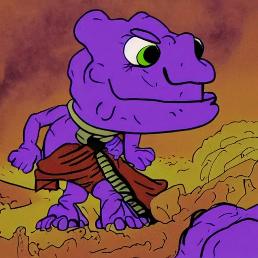 Image similar to barney the purple dinosaur burns in the lava of mount doom clutching the one ring