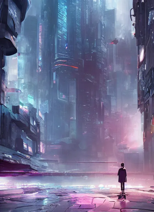 Image similar to alone person facing the desperate call of the void, futuristic cityscape, unreal 5 render, vivid colors, high detail, clear weather, studio ghibli, history painting, digital art, octane render, beautiful composition, trending on artstation, award - winning photograph, masterpiece