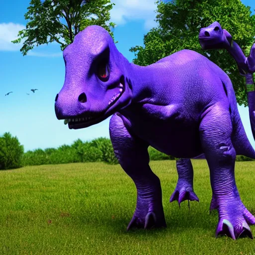 Prompt: a purple and blue dinosaur mooing realistic