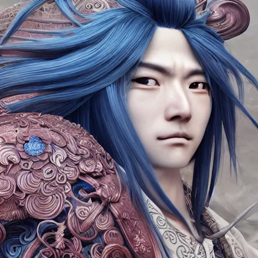 Prompt: an immortal xianxia cultivator with long blue hair as an absurdly handsome, elegant, young anime man, ultrafine hyperrealistic detailed face illustration by kim jung gi, irakli nadar, intricate linework, sharp focus, bright colors, matte, gujian, final fantasy, unreal engine highly rendered, global illumination, radiant light, intricate environment