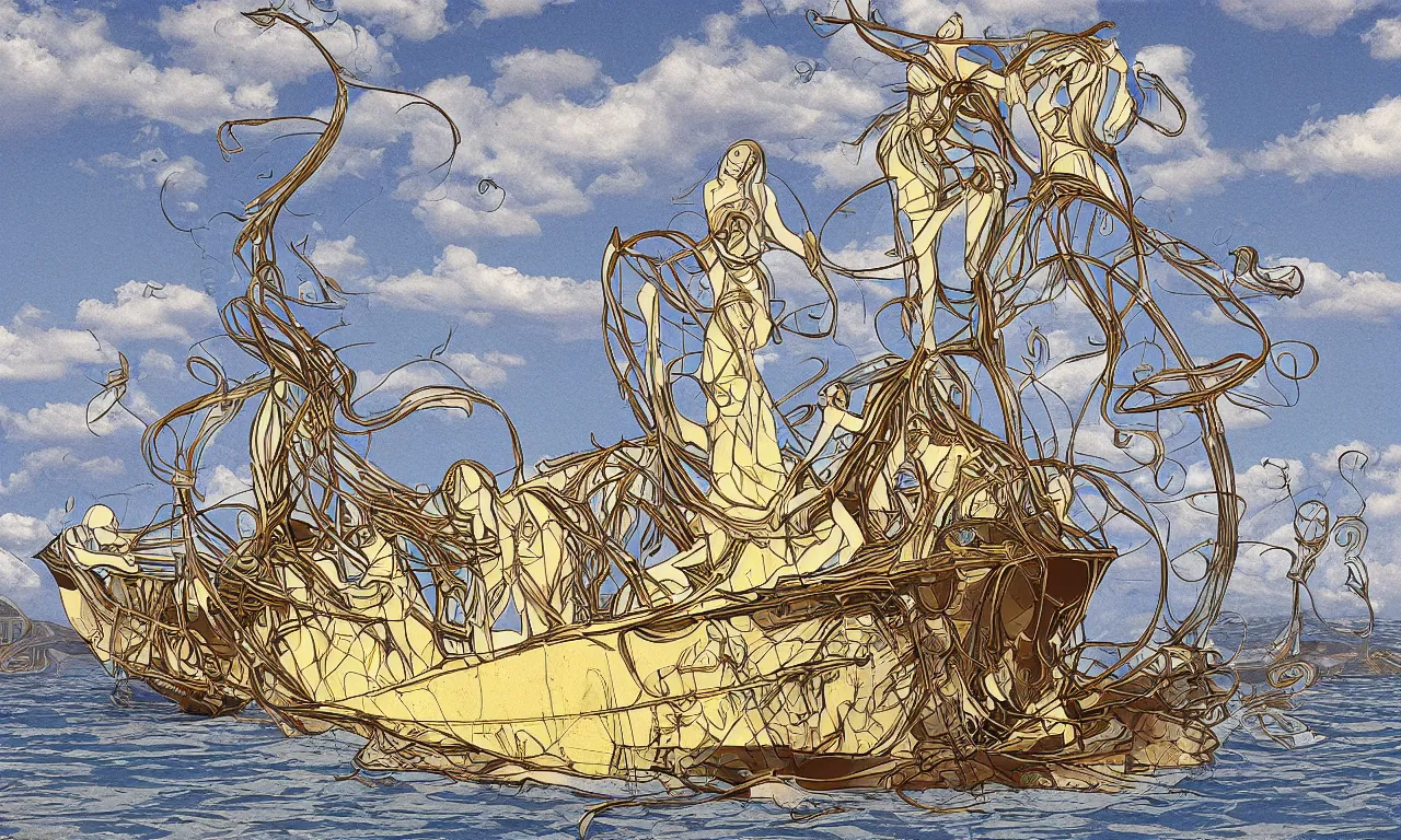 Image similar to Sinking ship of Theseus, completely new, in art nouveau style, digital art, hyperrealistic