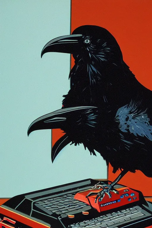 Prompt: a raven observing 8 0 s era technology, vintage shapes, retro technology, harsh color, wayne barlow, oil on canvas, deep depth of field, masterpiece, cinematic composition, hyperdetailed