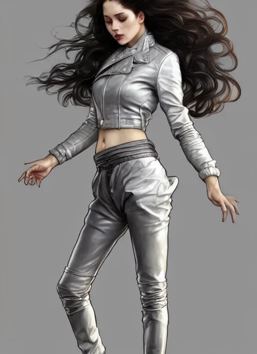 Image similar to girl in very short white! top and very short gray! leather jacket, open belly, long dark curly hair, high waist sweatpants, intricate, elegant, highly detailed, digital painting, artstation, concept art, smooth, illustration, art by artgerm and greg rutkowski and alphonse mucha