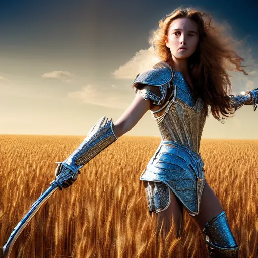 Prompt: a masterpiece ultrarealistic ultradetailed portrait of silver armored magic knight in a wheat field, long brown hair, woman greatsword, baroque renaissance. fashion pose, photo by philip - daniel ducasse and yasuhiro wakabayashi and jody rogac, telephoto, intricate, elegant, global illumination. vfx