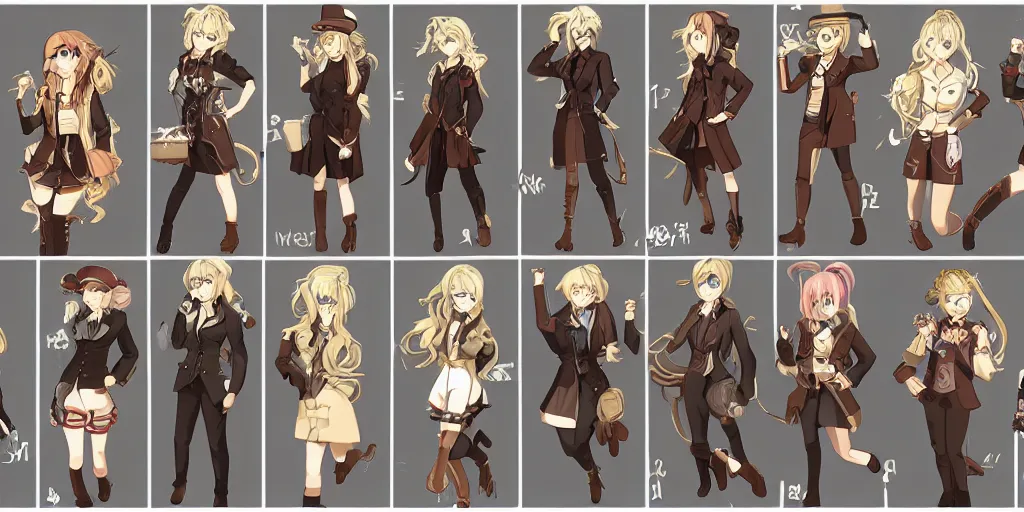 Prompt: visual novel sprites of a blonde haired steampunk detective girl, 2 d,