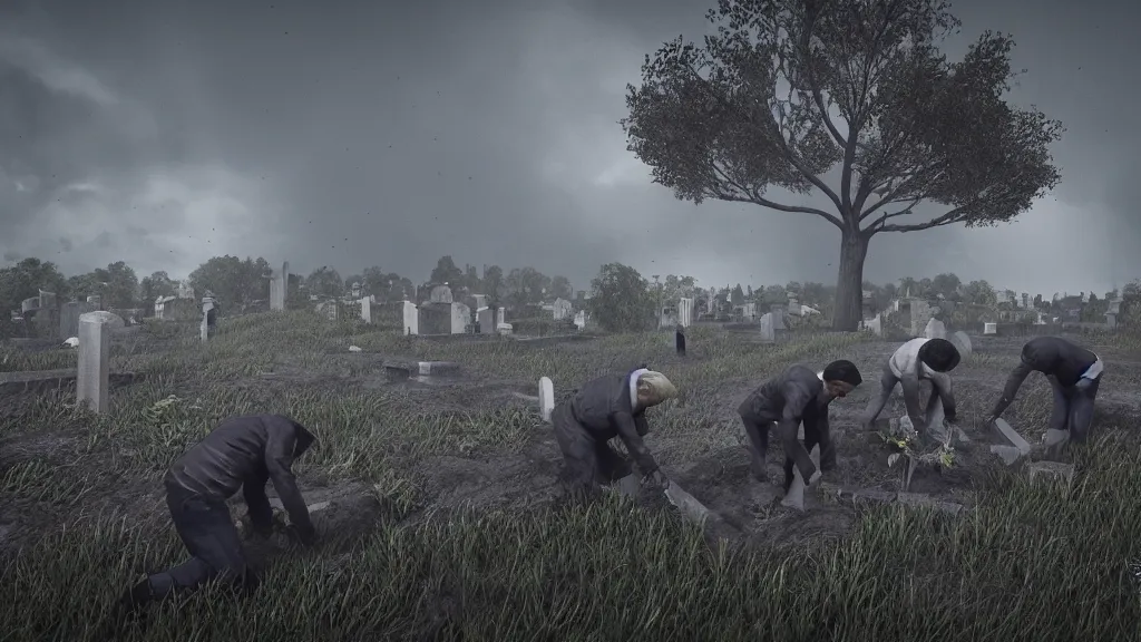 Prompt: men digging graves in graveyard on a cloudy night, unreal engine,