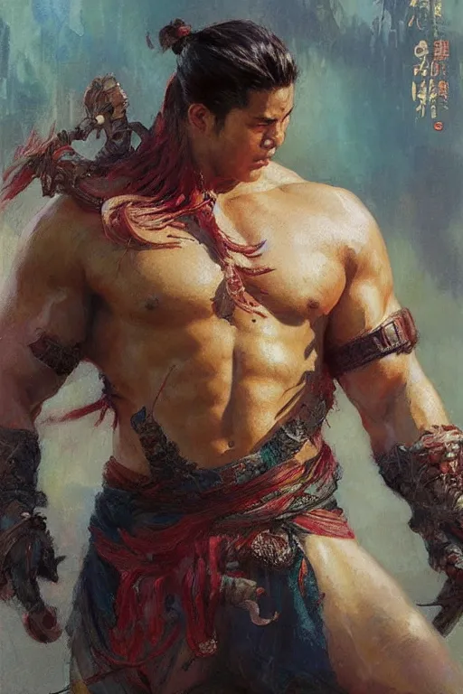 Prompt: attractive beefy man, character design, wuxia, colorful, painting by gaston bussiere, craig mullins, greg rutkowski, j. c. leyendecker