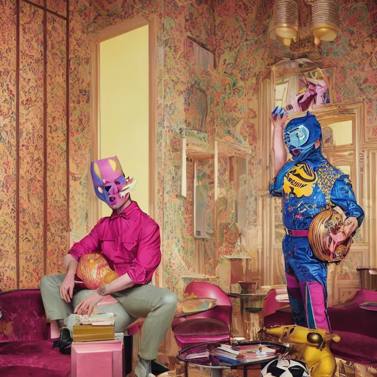 Image similar to vogue photoshoot octane render portrait by wayne barlow and carlo crivelli and glenn fabry, focus on an eccentric man in a bright colorful pastel wes anderson uniform and a luchador mask inside a high - end exotic vintage boutique hotel lounge, very short depth of field, bokeh