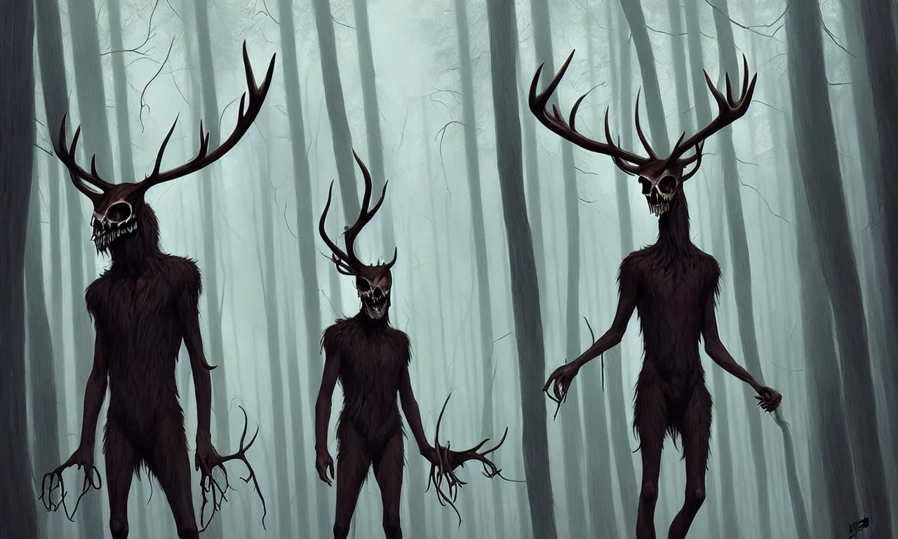 Image similar to rafeal albuquerque comic art, joshua middleton, artgerm : : wendigo monster with deer skull face, antlers, furry body, tall and lanky : : walking through the forest : : night time : : spooky, scary, fog