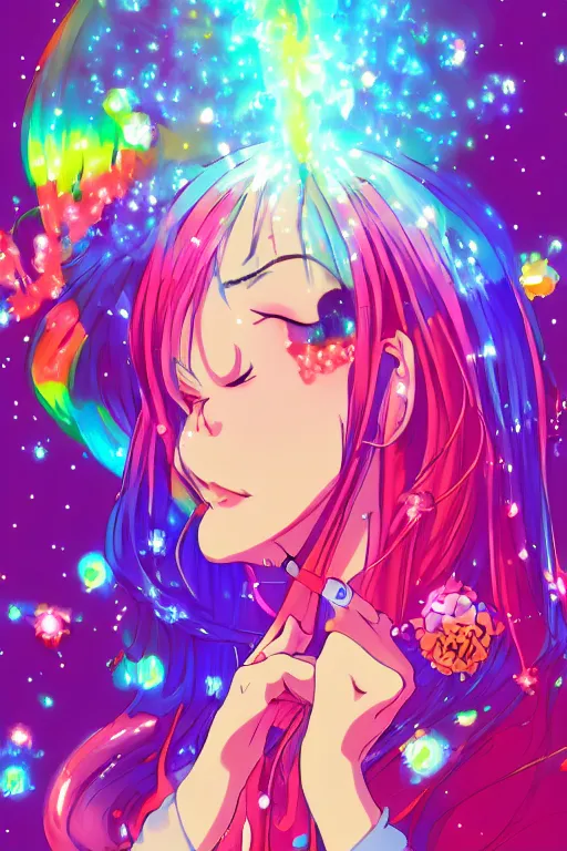 Image similar to psychedelic, whimsical, anime, 4k, beautiful intimate woman blowing smoke, with professional makeup, long trippy hair, a crystal and flower dress, sitting in a reflective pool, surrounded by gems, underneath the stars, rainbow fireflies, trending on patreon, deviantart, twitter, artstation, volumetric lighting, heavy contrast, art style of Ross Tran and Ilya Kuvshinov