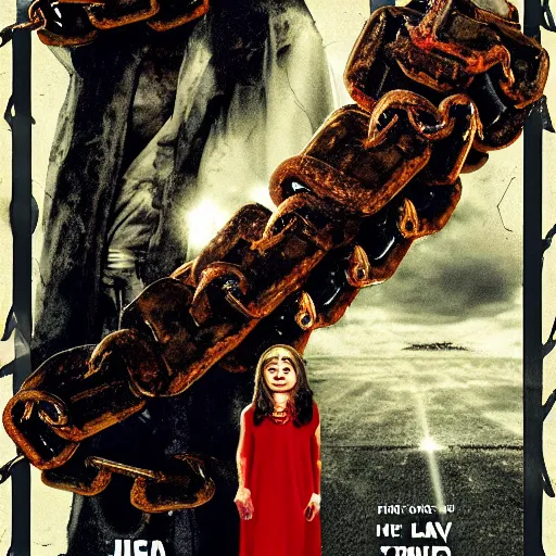 Prompt: jesus christ, chain saw, cloudy day, horror film poster