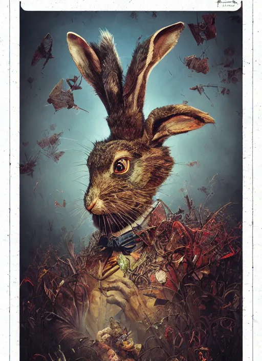 Image similar to the march hare, highly detailed, cinematic, 8 k, by megan duncanson, benjamin lacombe, adrian borda, stanley artgermm, tom bagshaw, craig mullins, carne griffiths, ayami kojima, beksinski, giger, trending on deviantart, hyper detailed, horror, full of colour