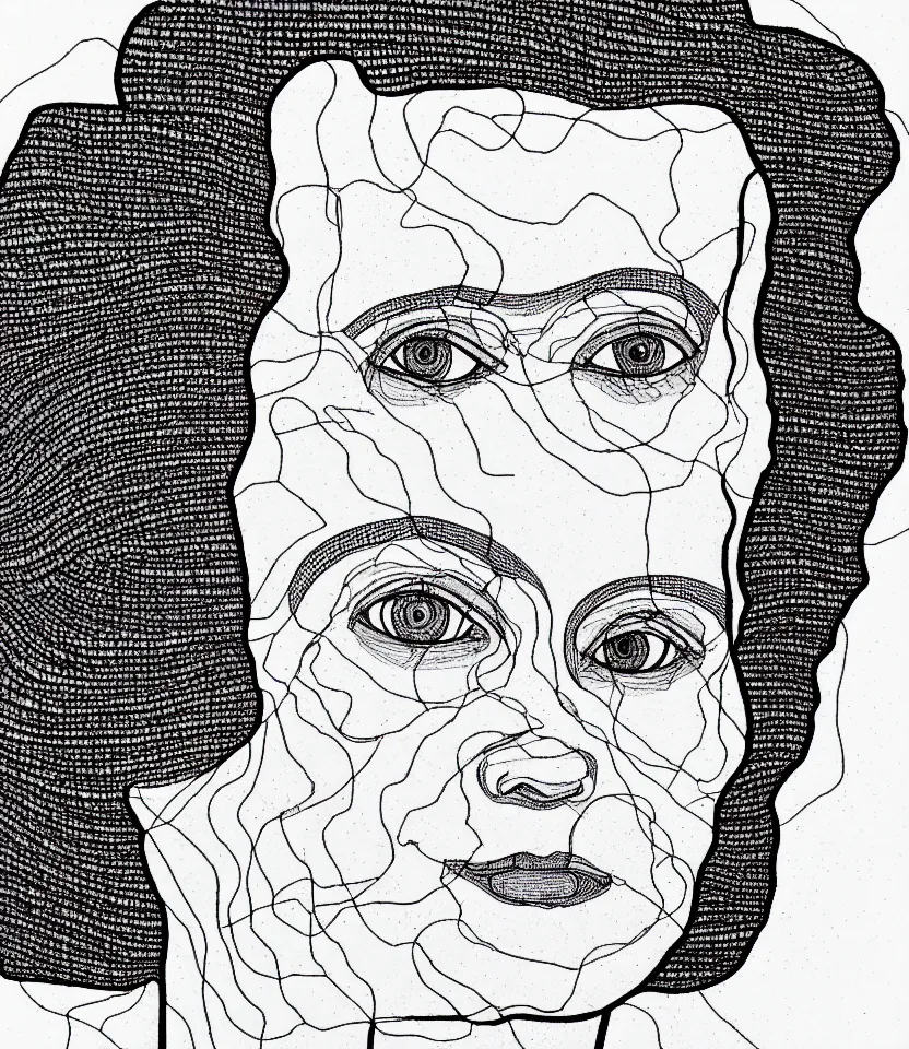 Prompt: detailed line art portrait of marie curie, inspired by egon schiele. caricatural, minimalist, bold contour lines, musicality, soft twirls curls and curves, confident personality, raw emotion