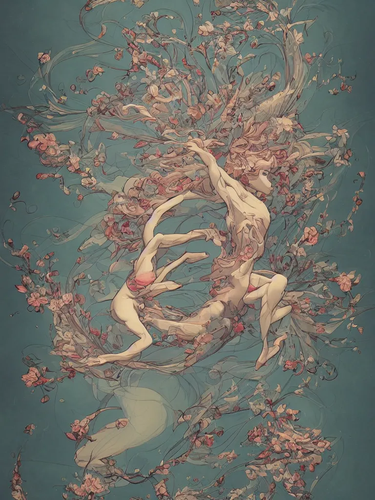 Prompt: a flying body covered in flowers in a dynamic pose, in the style of james jean and peter mohrbacher, highly detailed, soft lighting, art nouveau patterns, trending on artstation