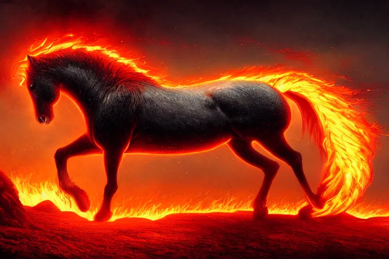 Image similar to a stunning digital painting of a horse made of lava with a mane and tail made of fire by greg rutkowski, volumetric light, digital art, fine detail, photorealistic