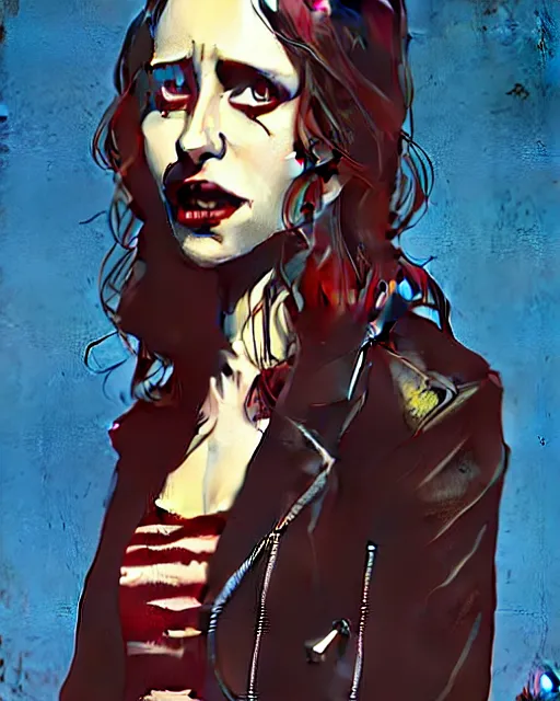 Image similar to in the style of Rafael Albuquerque comicbook art and Joshua Middleton, moody lighting, beautiful evil vampire Taissa Farmiga sharp bloody vampire fangs, evil smile showing fangs, symmetrical eyes, realistic face, symmetrical face, brown leather jacket, jeans, long black hair, full body