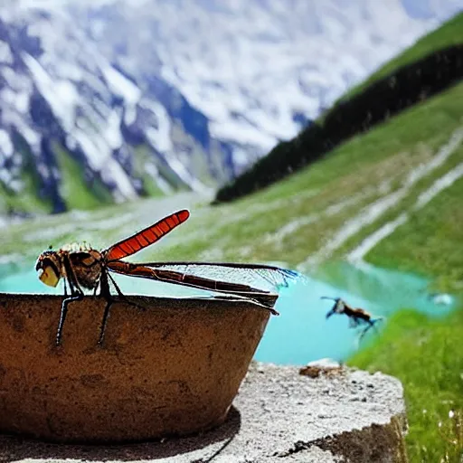 Image similar to dragonfly in a bathtub in the alps, goats!!! in background