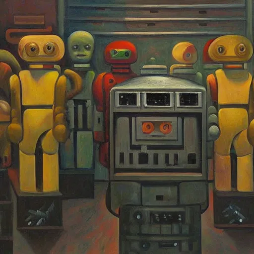 Image similar to robots queue up for destruction in a trash compactor, grant wood, pj crook, edward hopper, oil on canvas